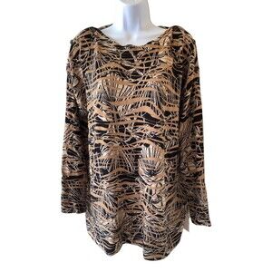 Chicos Travelers Tunic Top Slinky Knit Women’s Size L or 2 Brown Printed